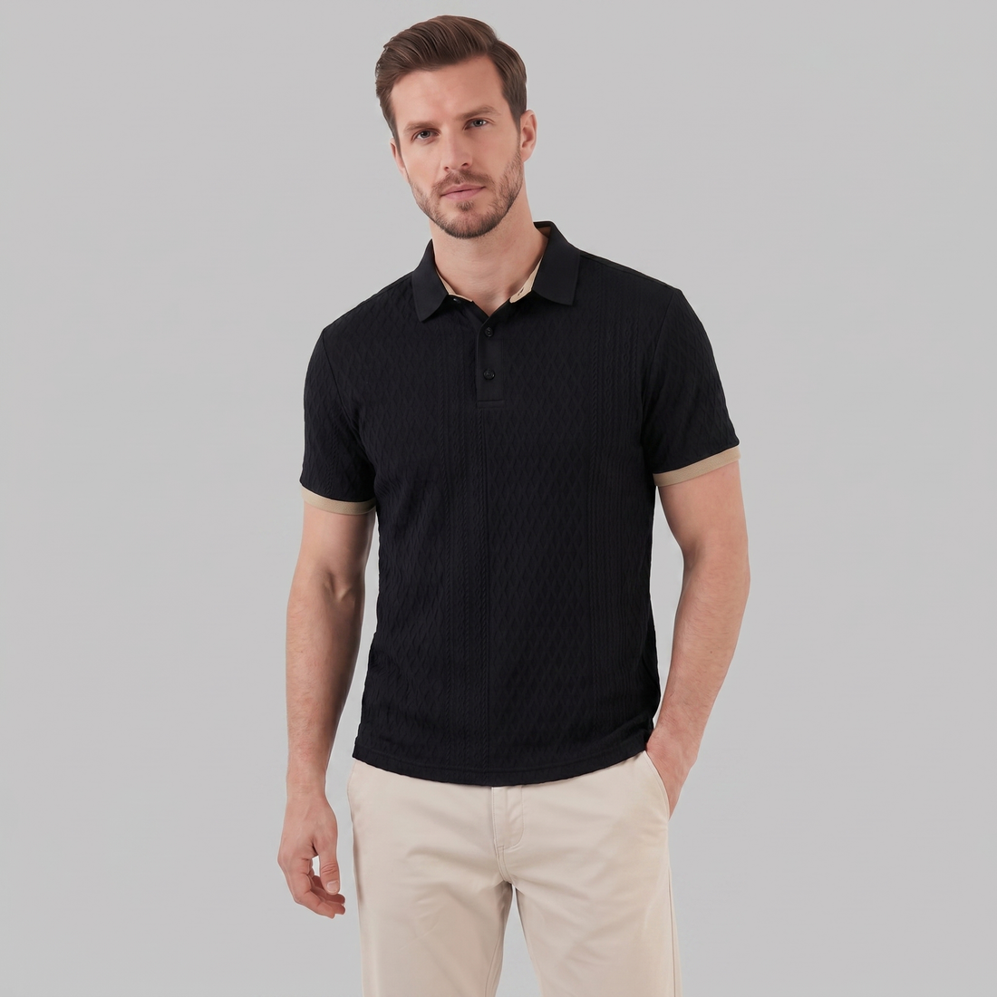Men's Textured Polo Shirt with Contrast Collar
