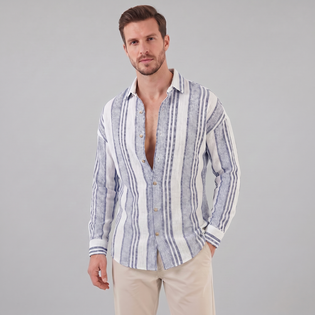 Men's Textured Stripe Button-Up Summer Shirt