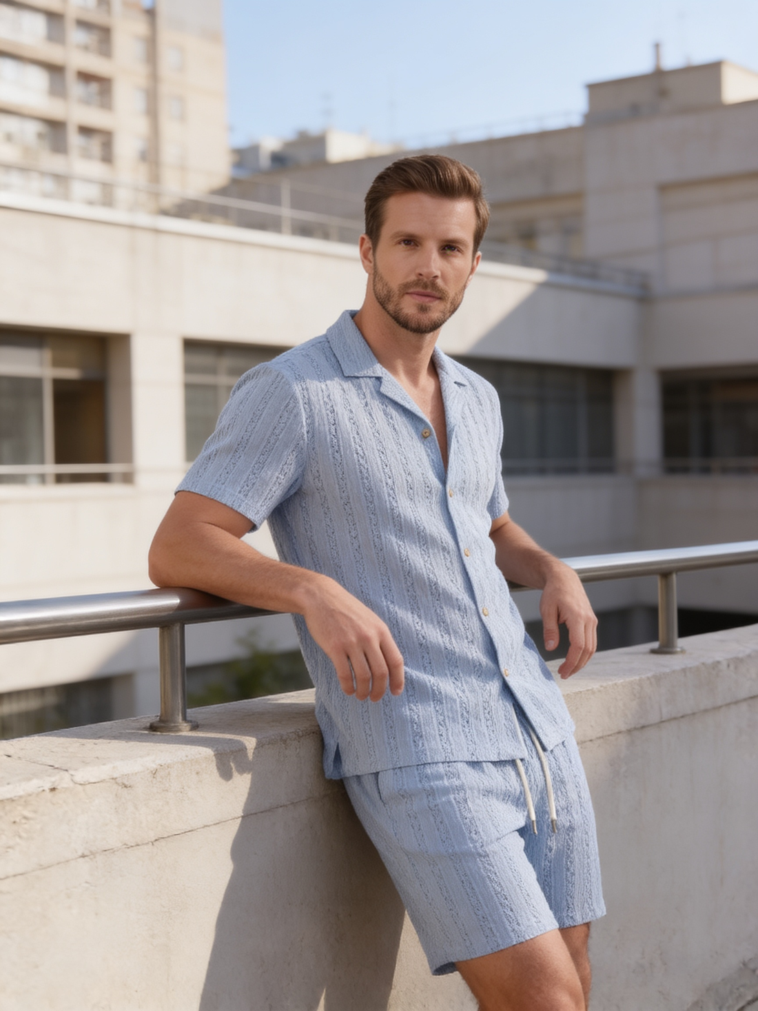 Men's Textured Stripe Short Sleeve Co-Ord Set