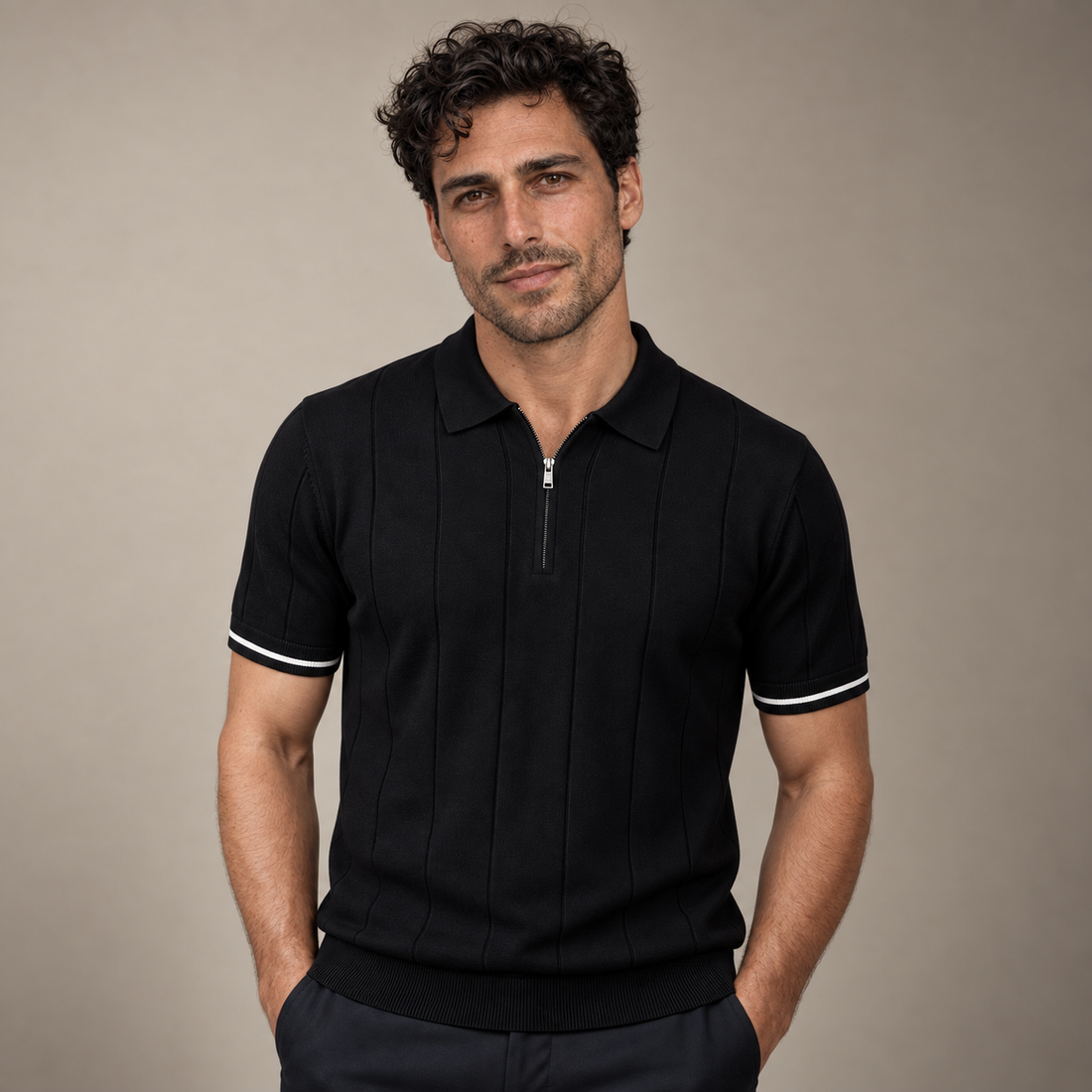 Men's Vertical Stripe Zip-Neck Polo