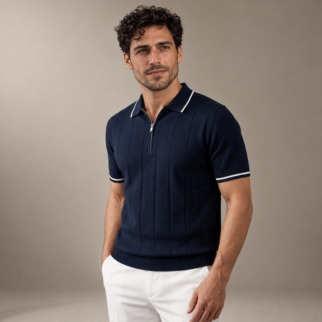Men's Vertical Stripe Zip-Neck Polo