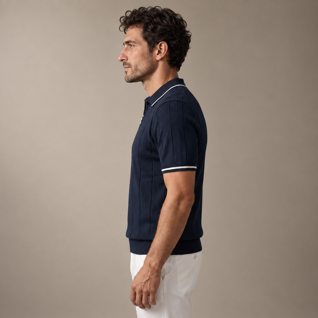 Men's Vertical Stripe Zip-Neck Polo