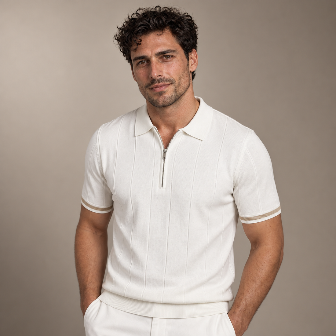 Men's Vertical Stripe Zip-Neck Polo
