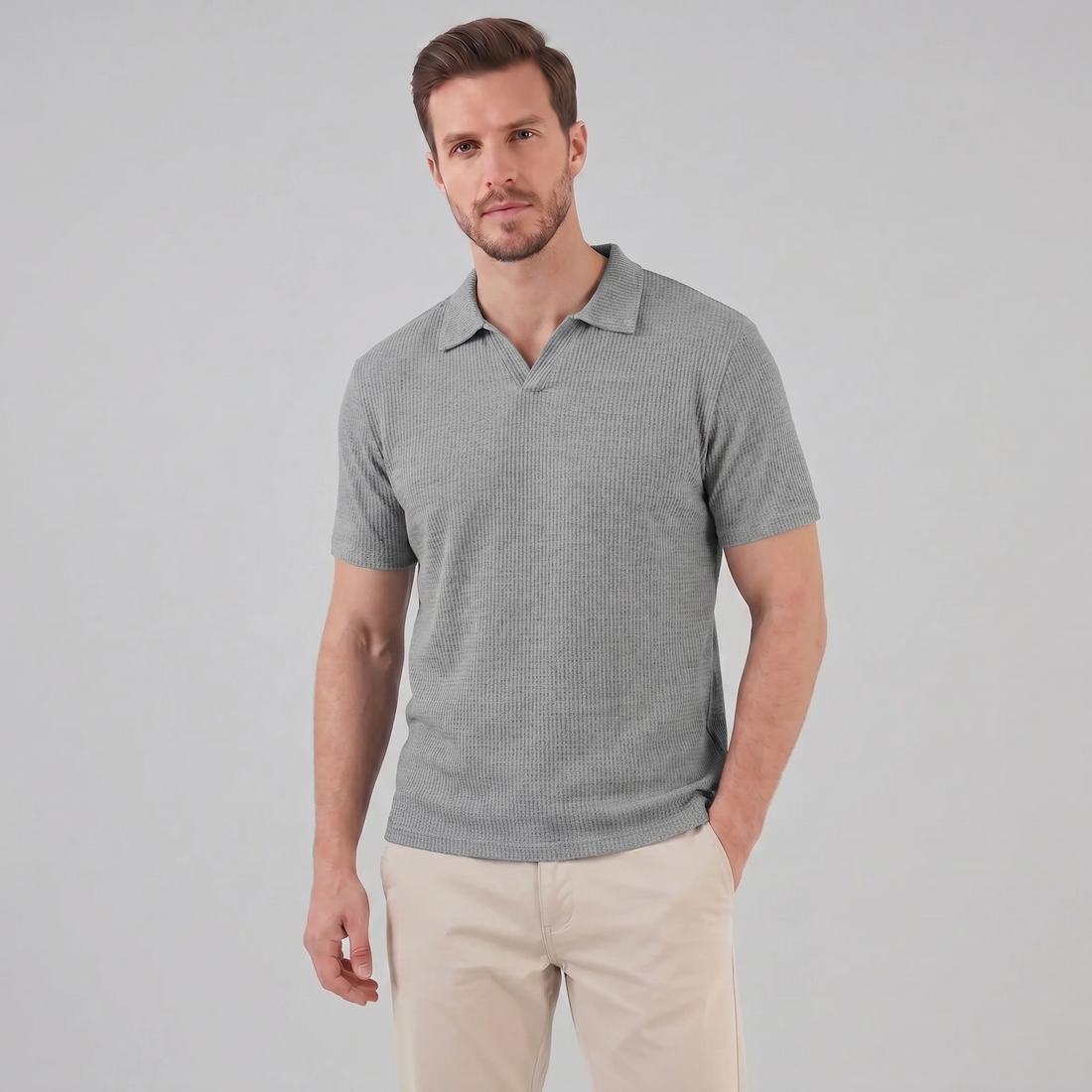 Men's Waffle Knit Open Collar Polo