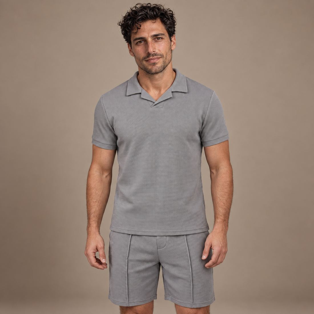 Men's Waffle Knit Polo and Shorts Set