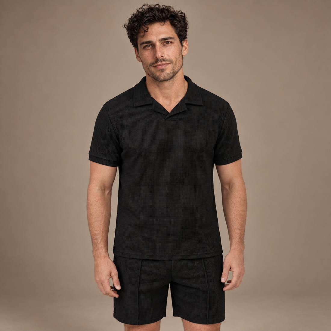 Men's Waffle Knit Polo and Shorts Set