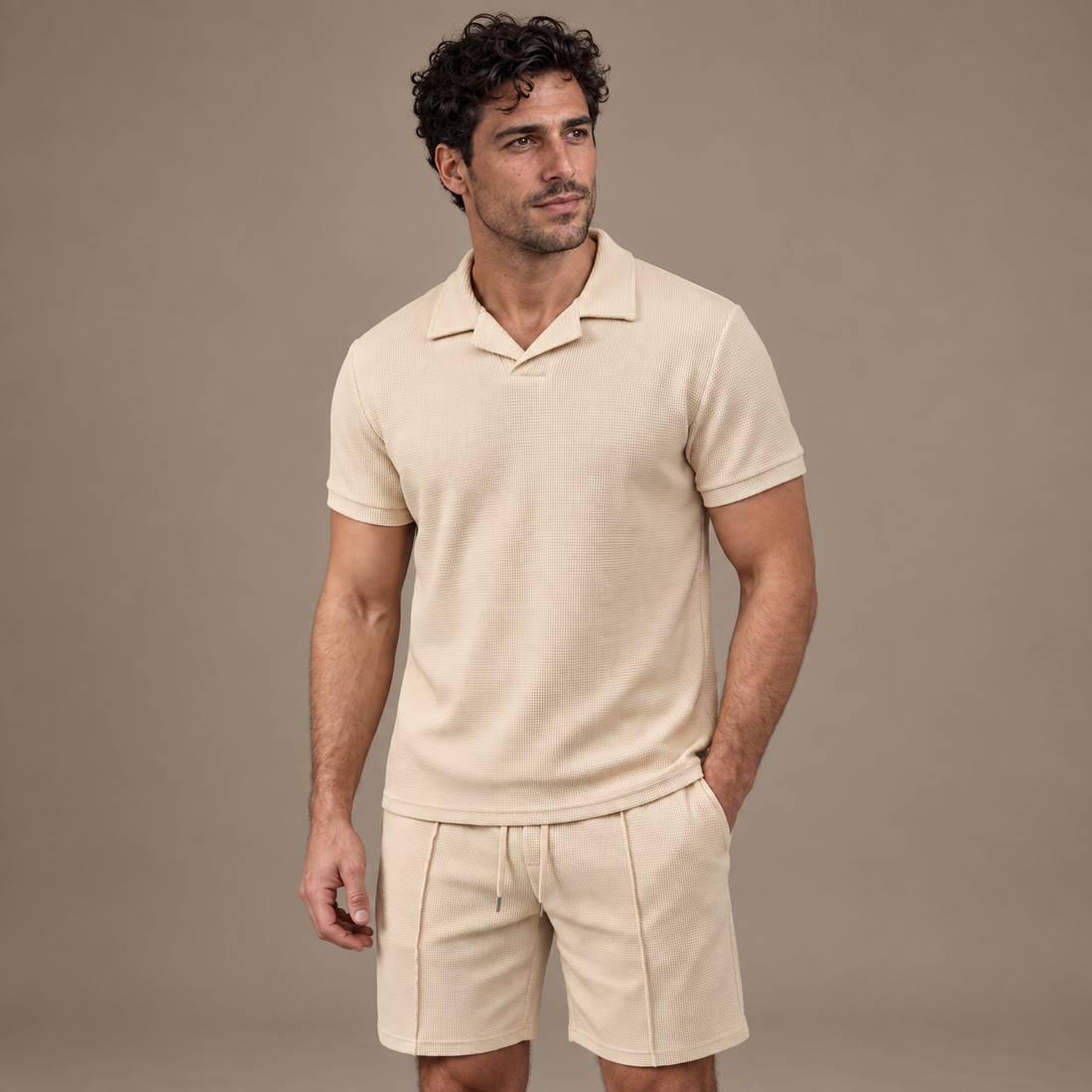 Men's Waffle Knit Polo and Shorts Set