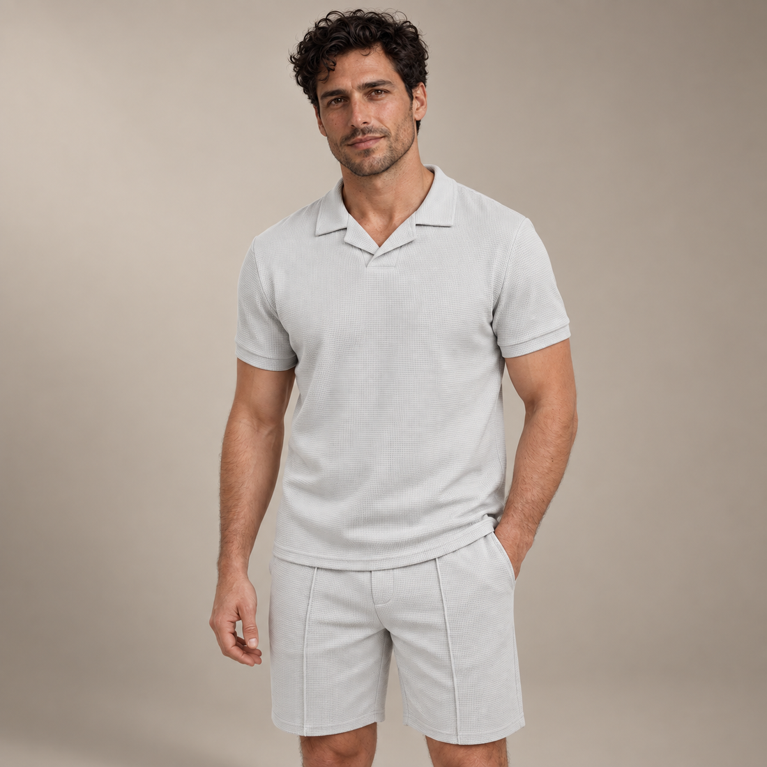 Men's Waffle Knit Polo and Shorts Set