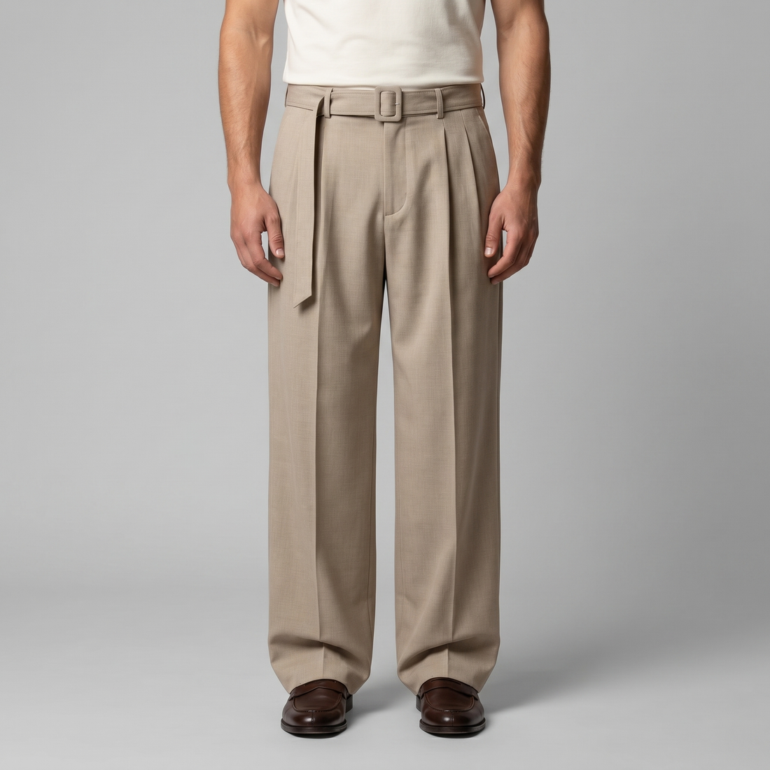 Men's Wide-Leg Belted Tailored Trousers