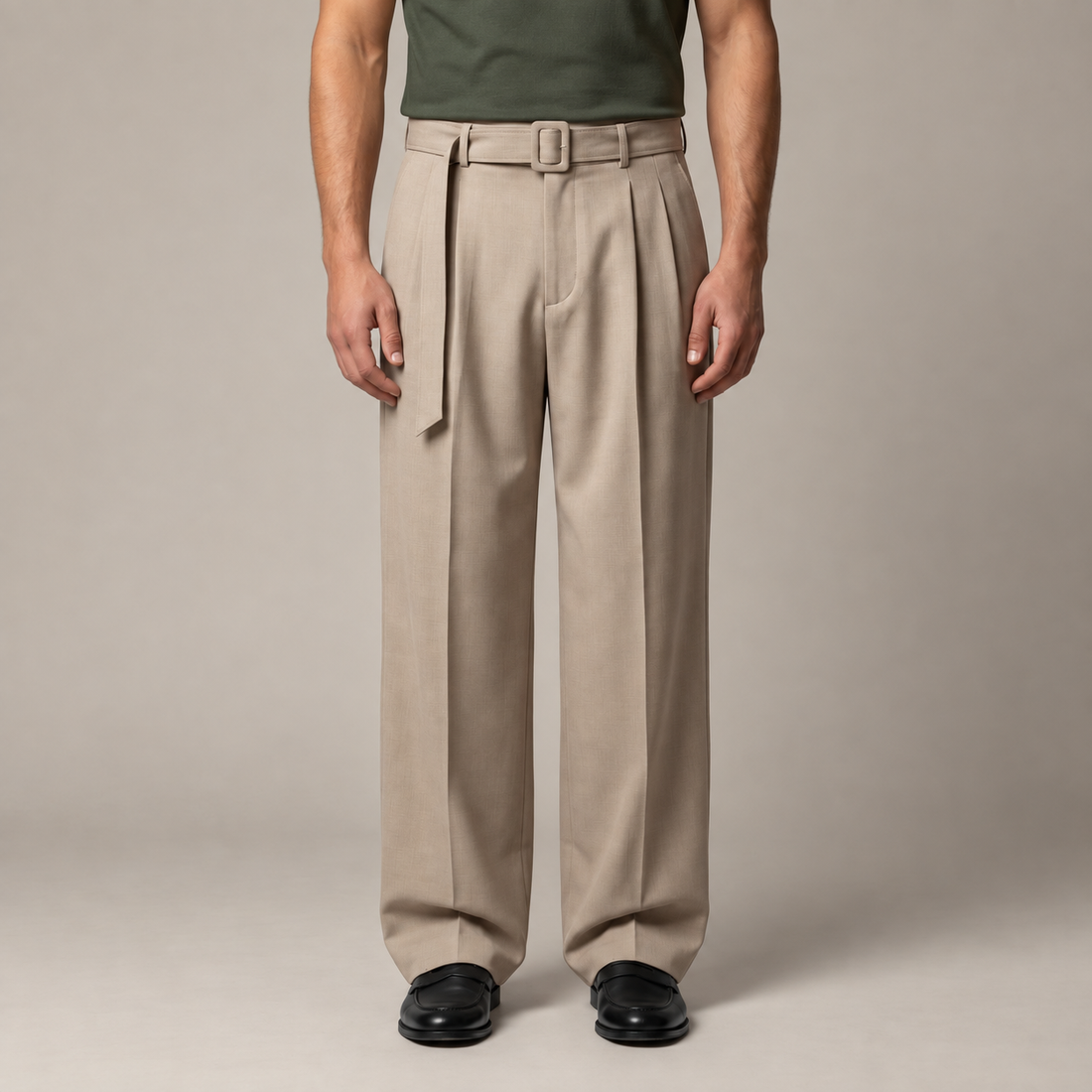 Men's Wide-Leg Belted Tailored Trousers