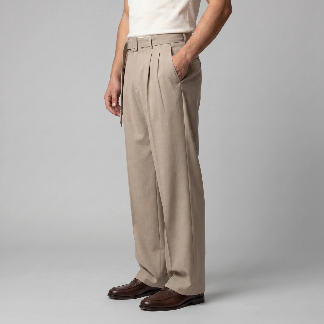 Men's Wide-Leg Belted Tailored Trousers