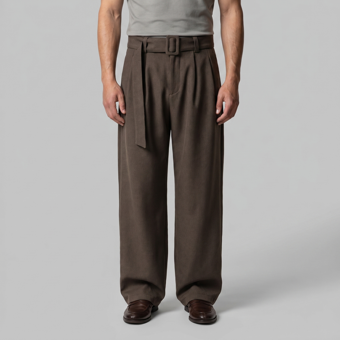 Men's Wide-Leg Belted Tailored Trousers