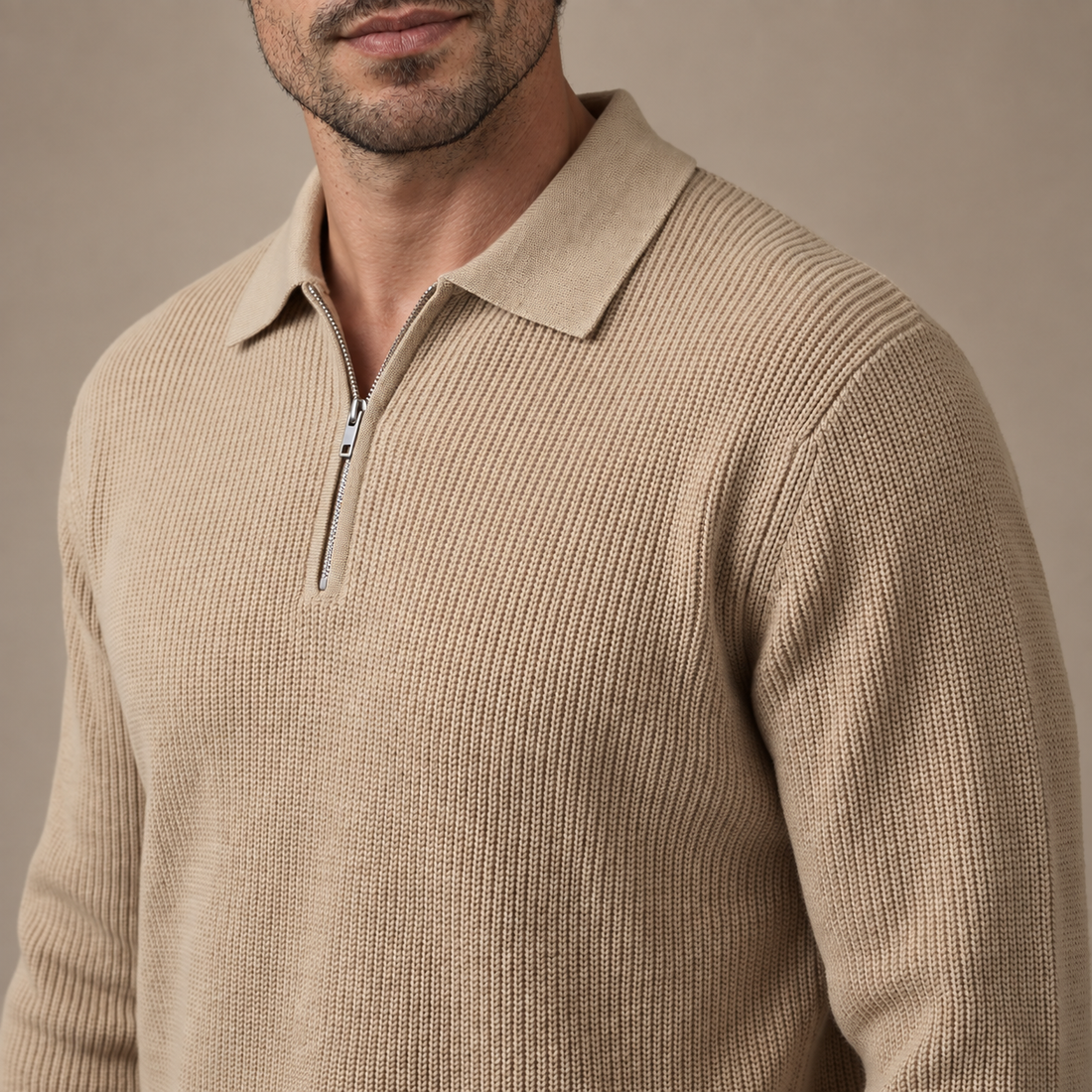 Men's Ribbed Quarter-Zip Polo Sweater