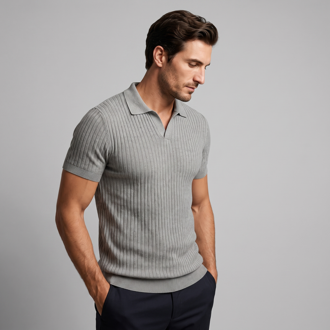 Men's Slim Fit Ribbed Polo with V-Neck