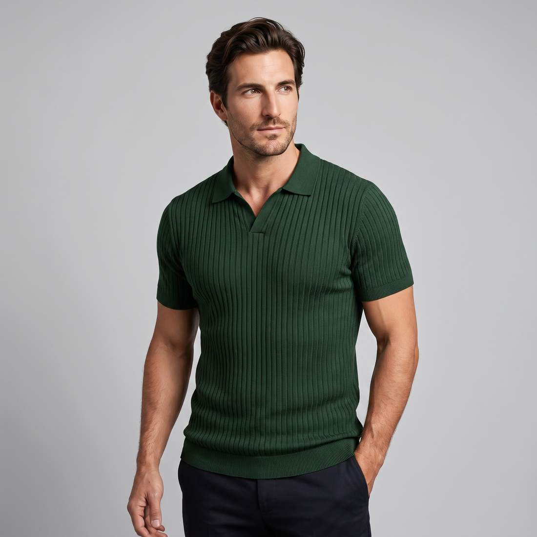 Men's Slim Fit Ribbed Polo with V-Neck
