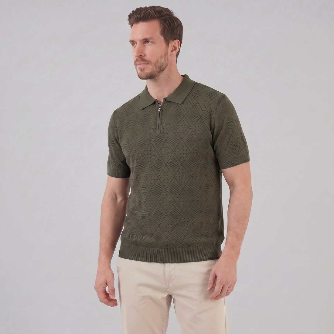 Men's Argyle Pointelle Summer Zip Polo