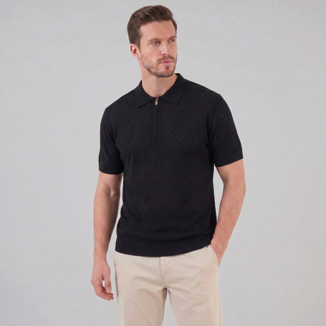 Men's Argyle Pointelle Summer Zip Polo