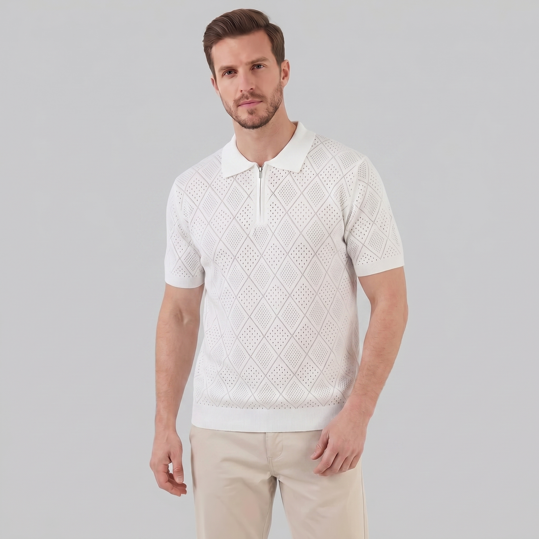 Men's Argyle Pointelle Summer Zip Polo