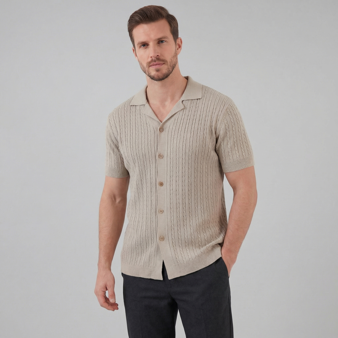 Men's Cable Knit Short Sleeve Shirt