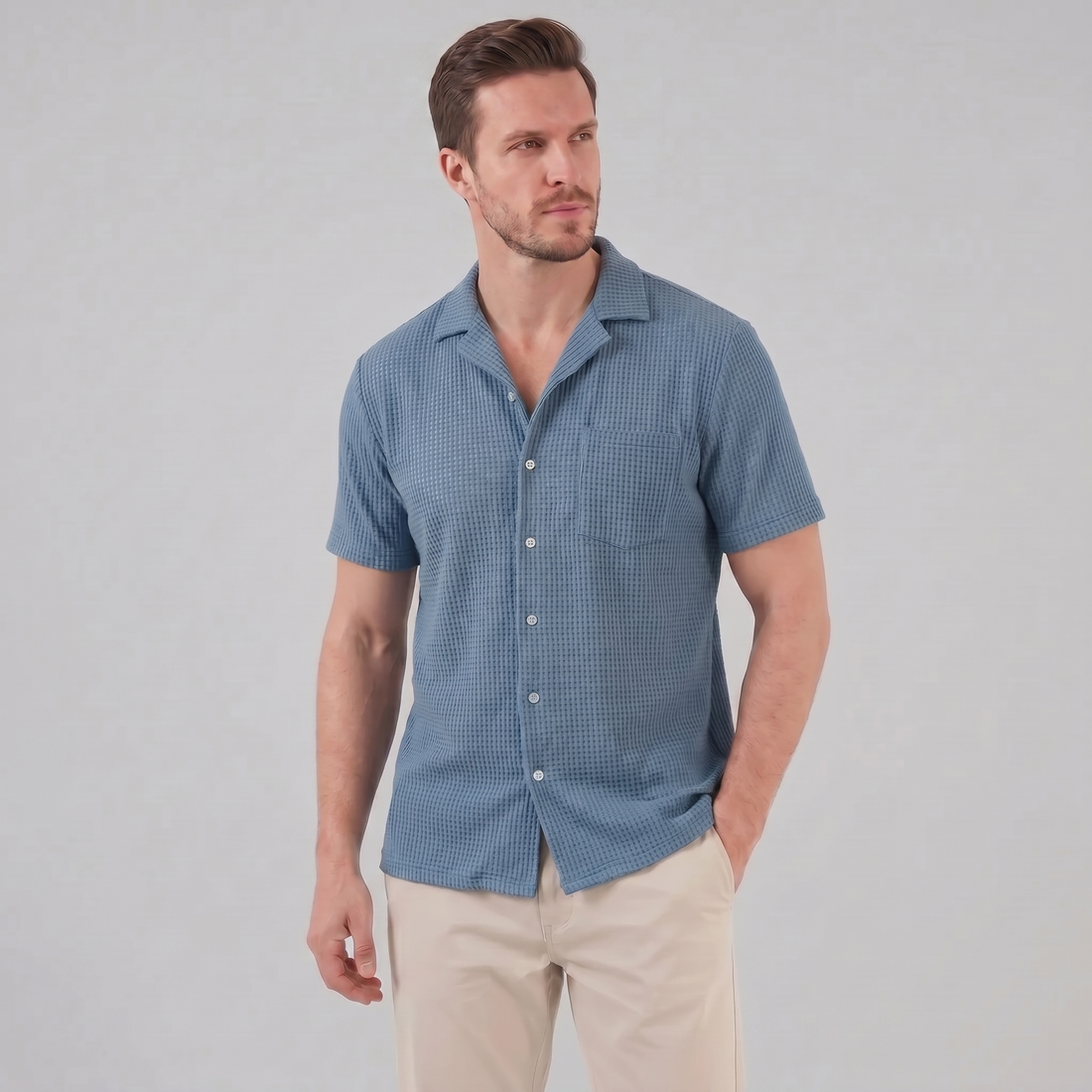 Men's Casual Waffle Textured Button-Up Shirt