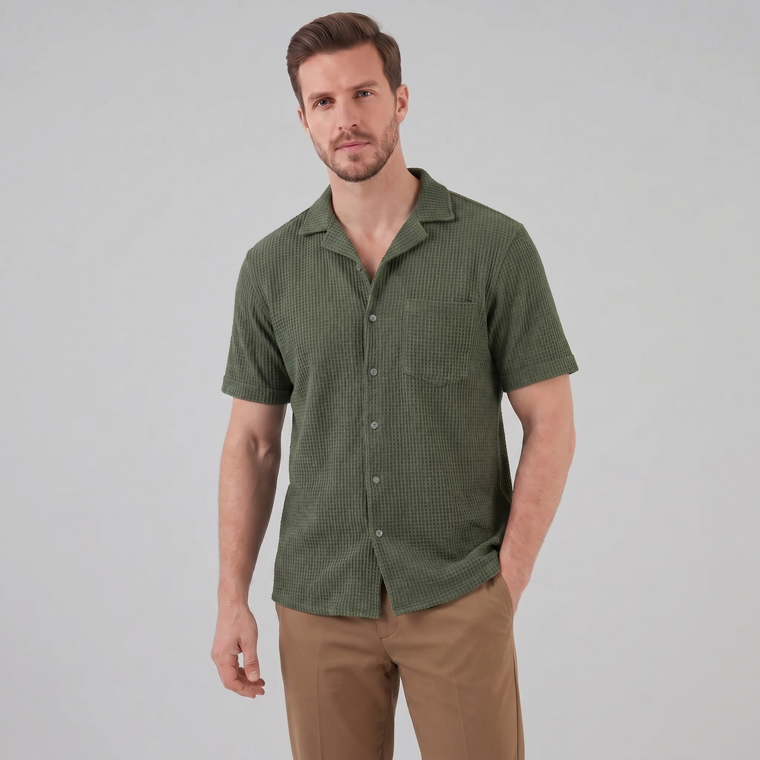 Men's Casual Waffle Textured Button-Up Shirt