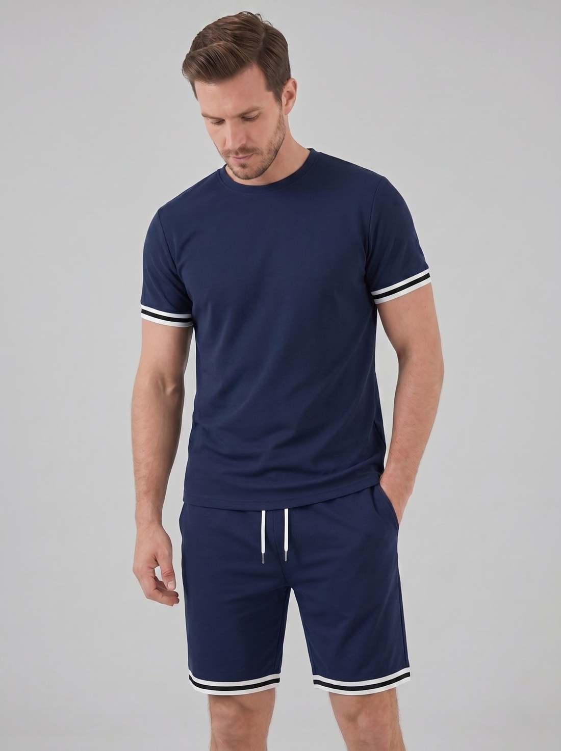 Men's Contrast Stripe T-Shirt and Shorts Set
