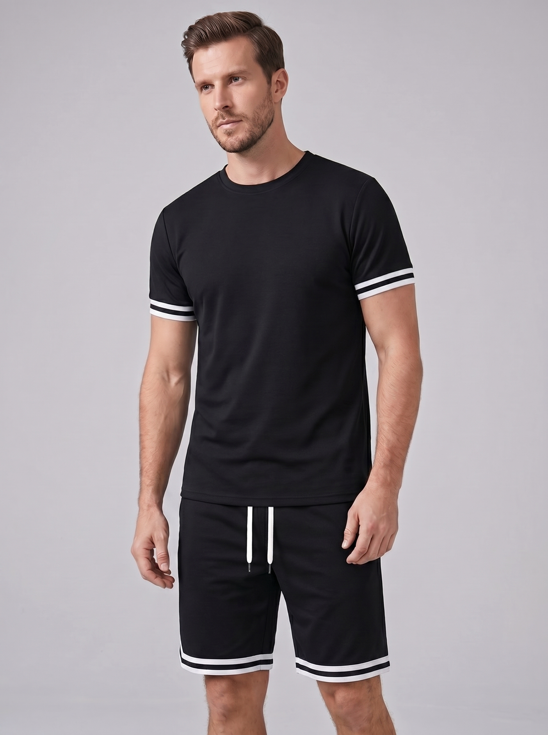 Men's Contrast Stripe T-Shirt and Shorts Set