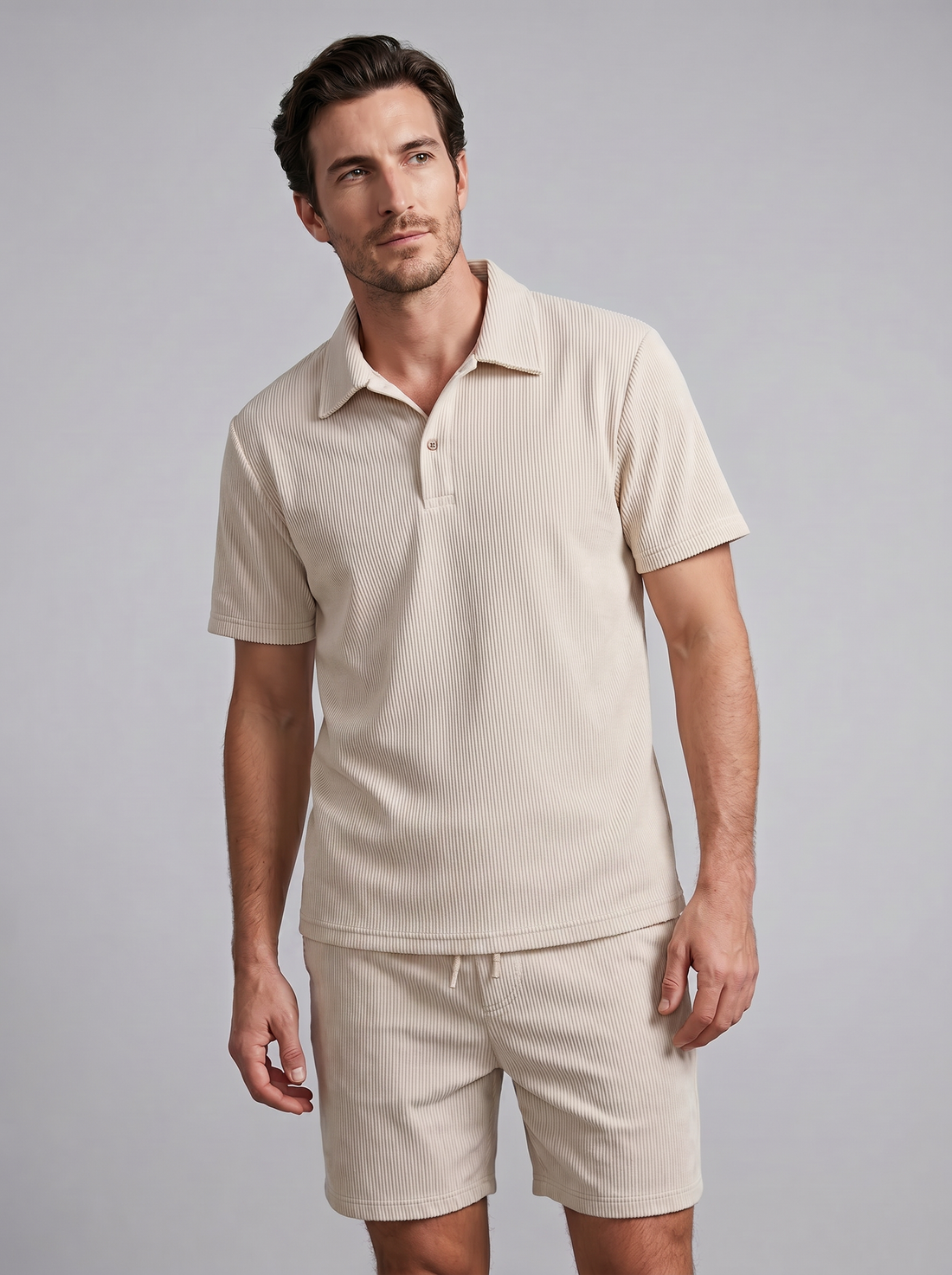Men's Corduroy Polo and Shorts Outfit Set