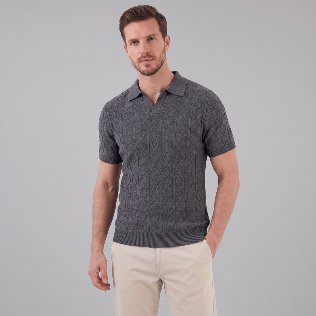 Men's Diamond Cable Knit Polo Shirt