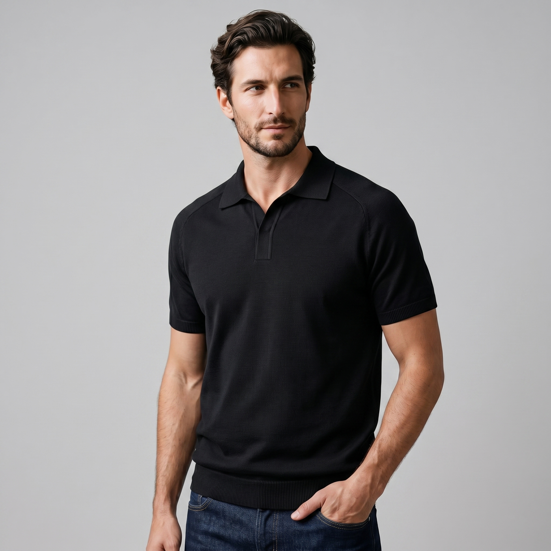 Men's Fine Knit Open-Collar Polo