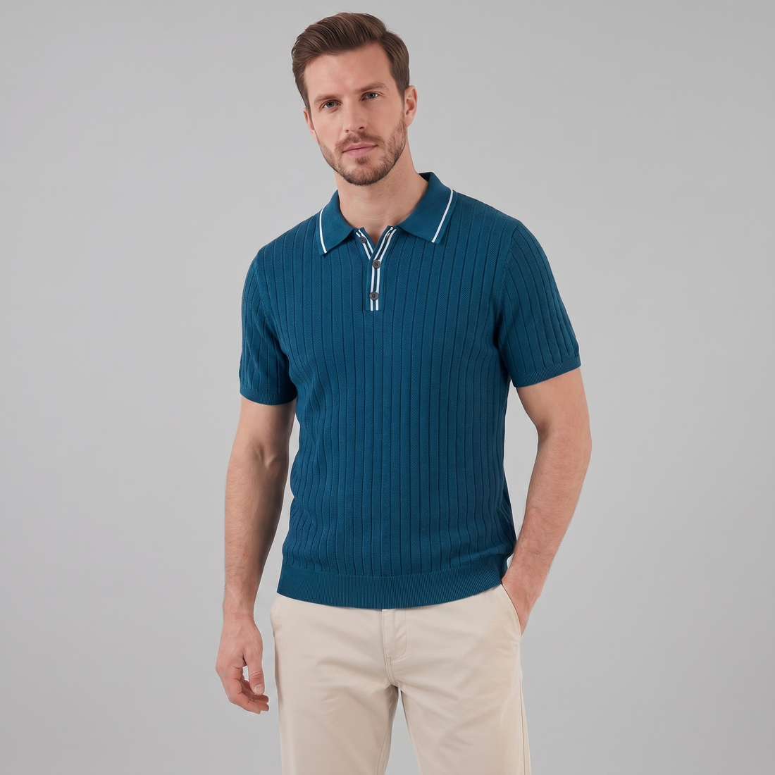Men's Knit Polo Shirt with Contrast Collar