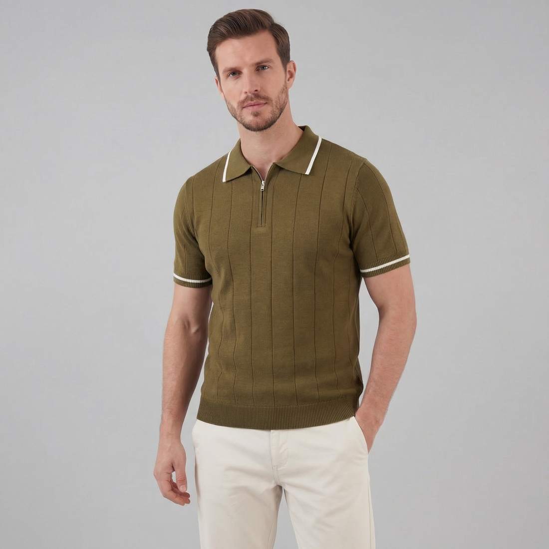 Men's Knit Polo Shirt with Retro Accents