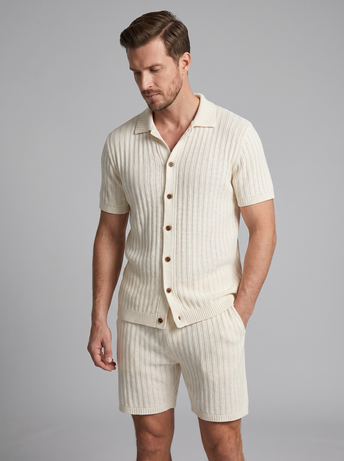 Men's Knitted Short Sleeve Shirt and Shorts Set