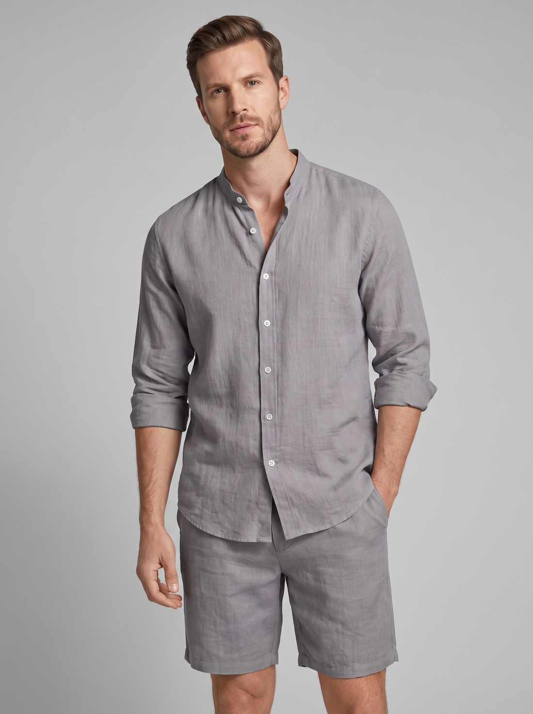 Men's Linen Band Collar Shirt and Shorts Co-ord Set