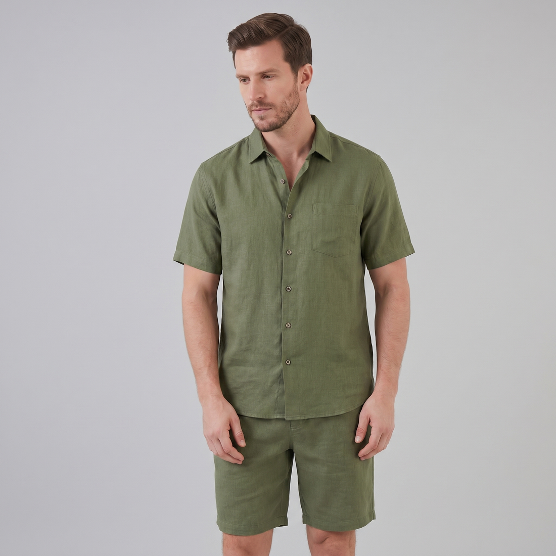 Men's Linen Camp Collar Shirt and Shorts Set