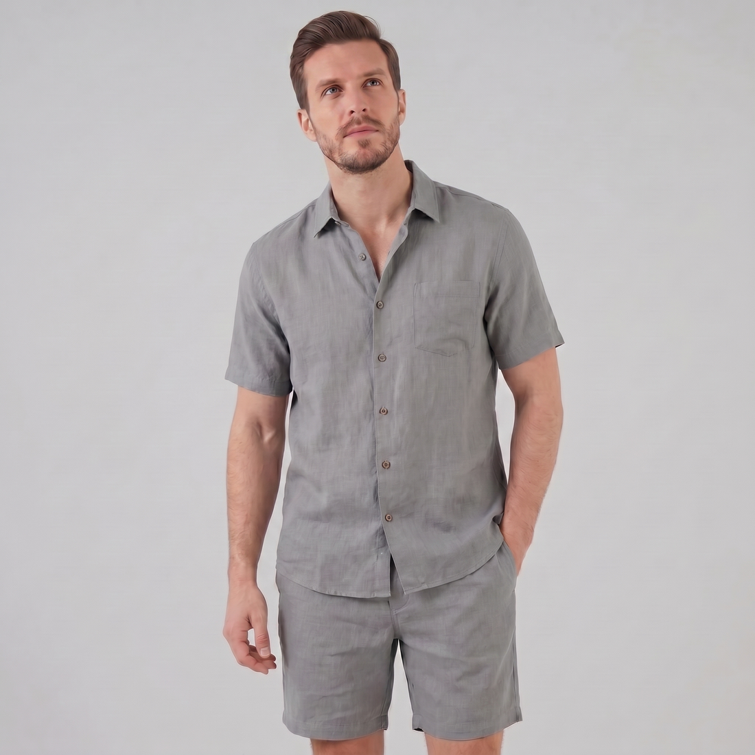 Men's Linen Camp Collar Shirt and Shorts Set