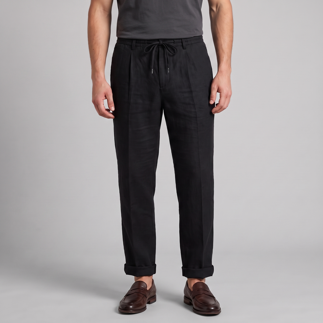 Men's Linen Drawstring Pleated Trousers