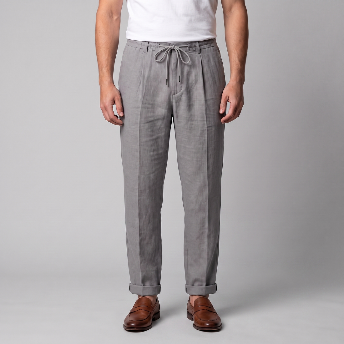 Men's Linen Drawstring Pleated Trousers