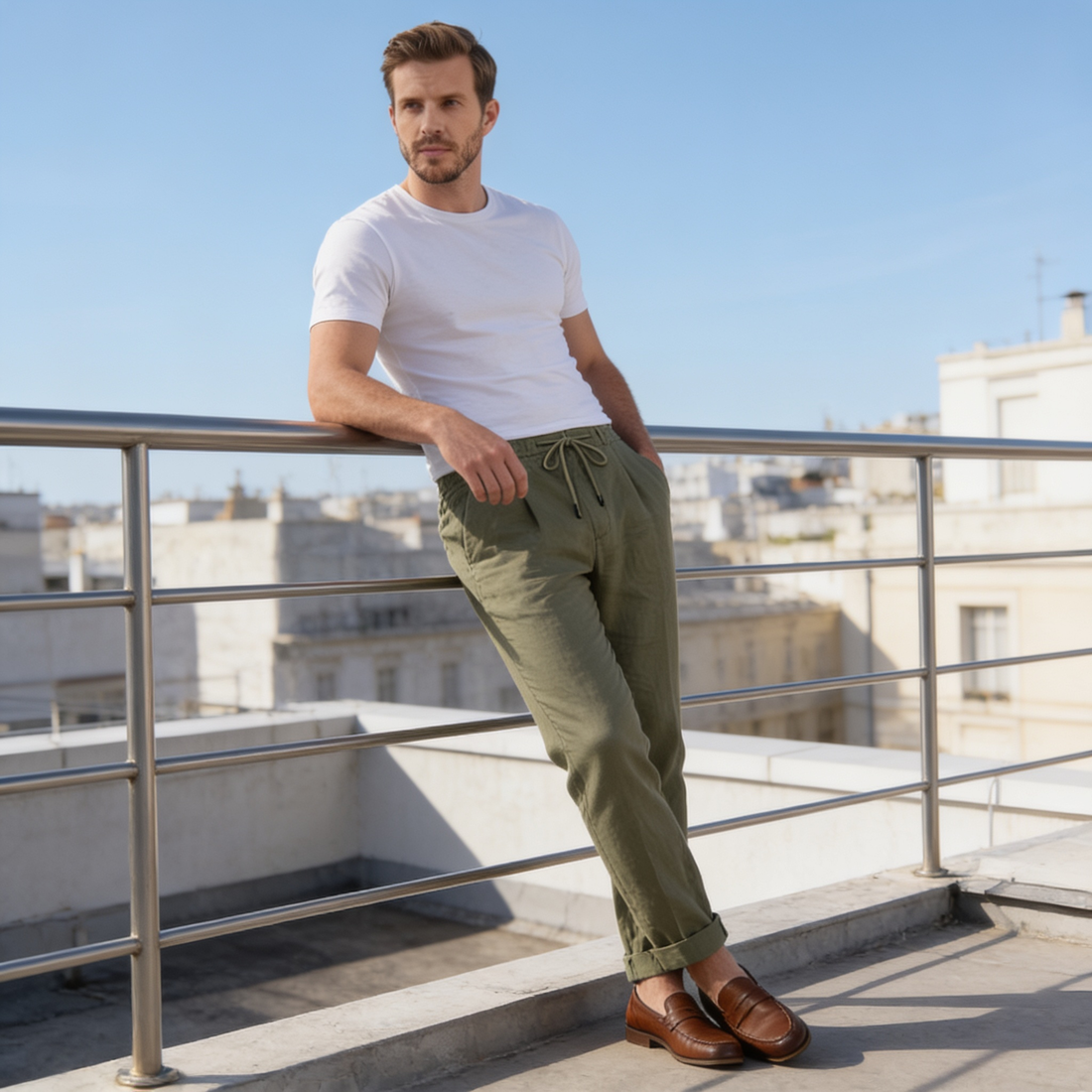 Men's Linen Drawstring Pleated Trousers