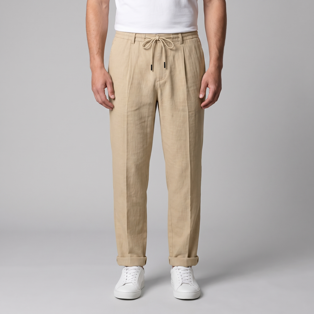 Men's Linen Drawstring Pleated Trousers