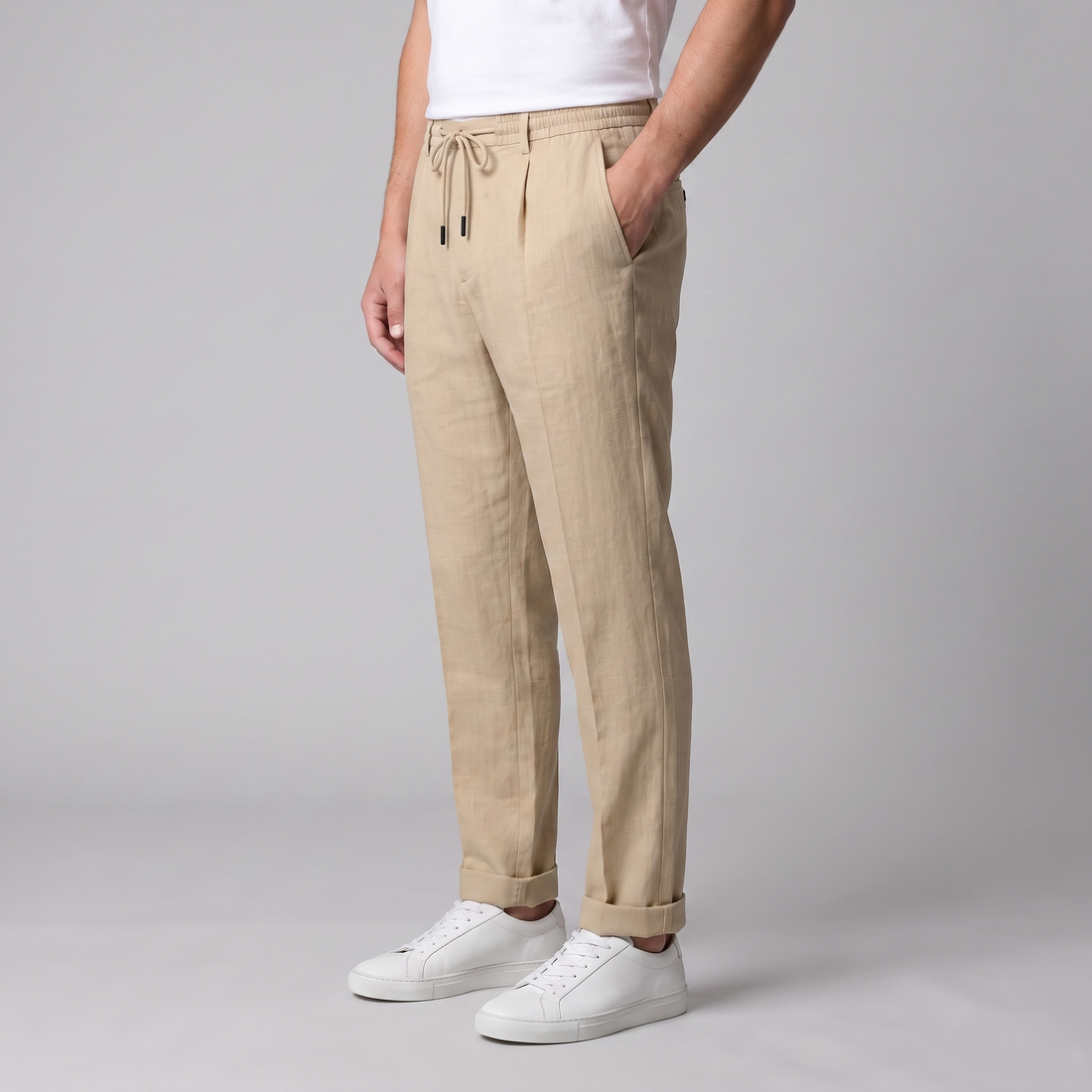 Men's Linen Drawstring Pleated Trousers
