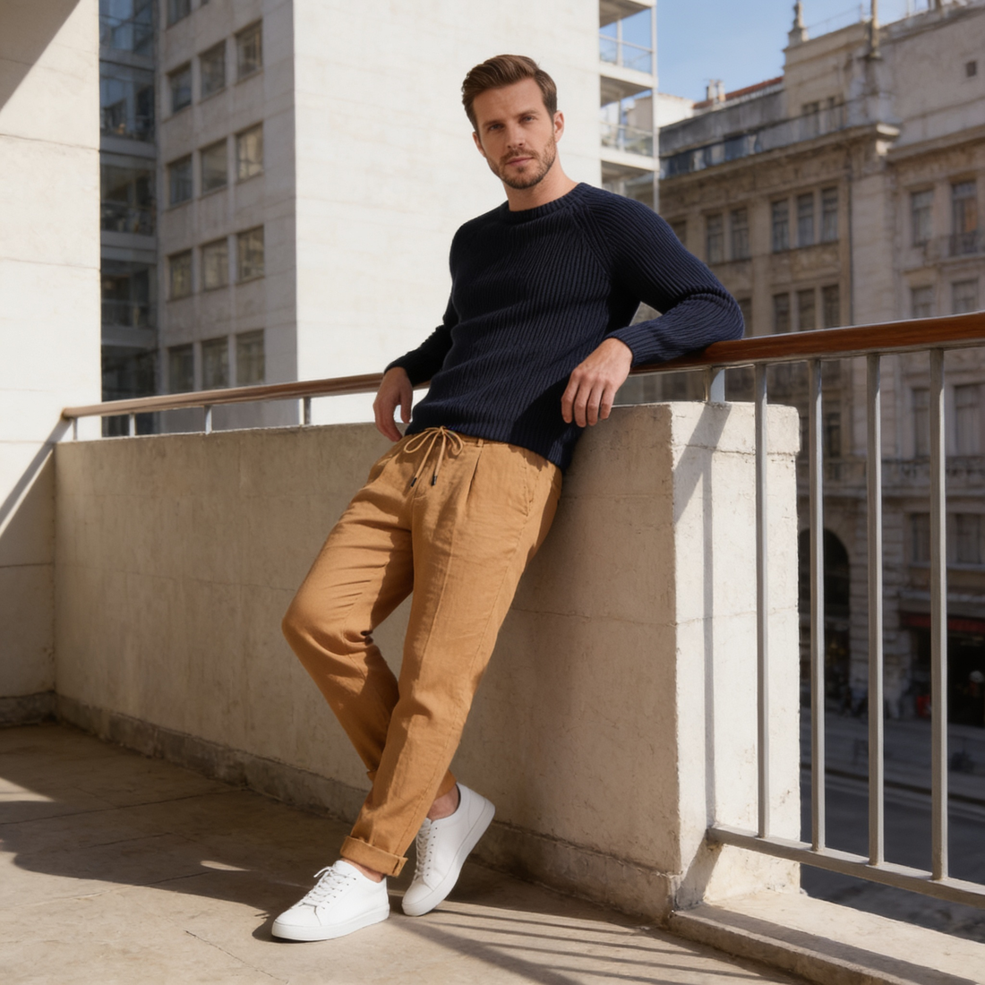 Men's Linen Drawstring Pleated Trousers