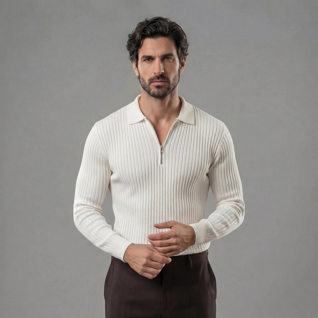Men's Long Sleeved Zipper Polo Sweater