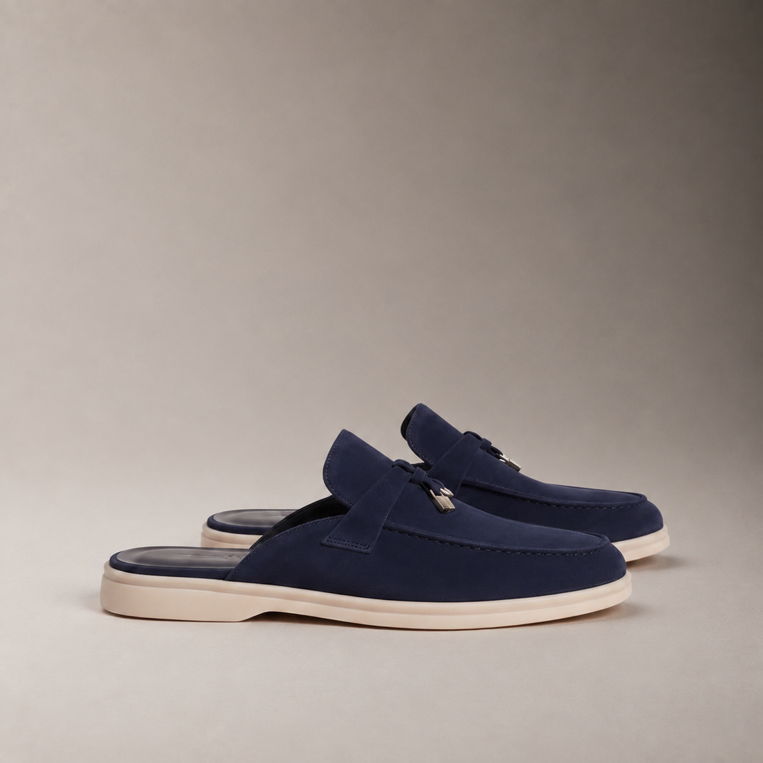 Men's Navy Suede Metal Buckle Loafer Mules