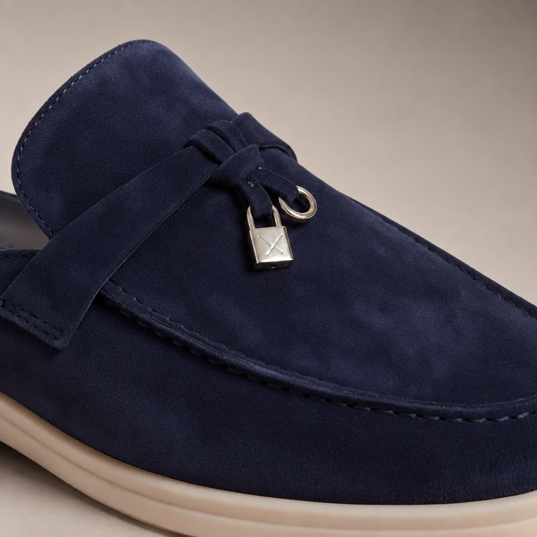 Men's Navy Suede Metal Buckle Loafer Mules