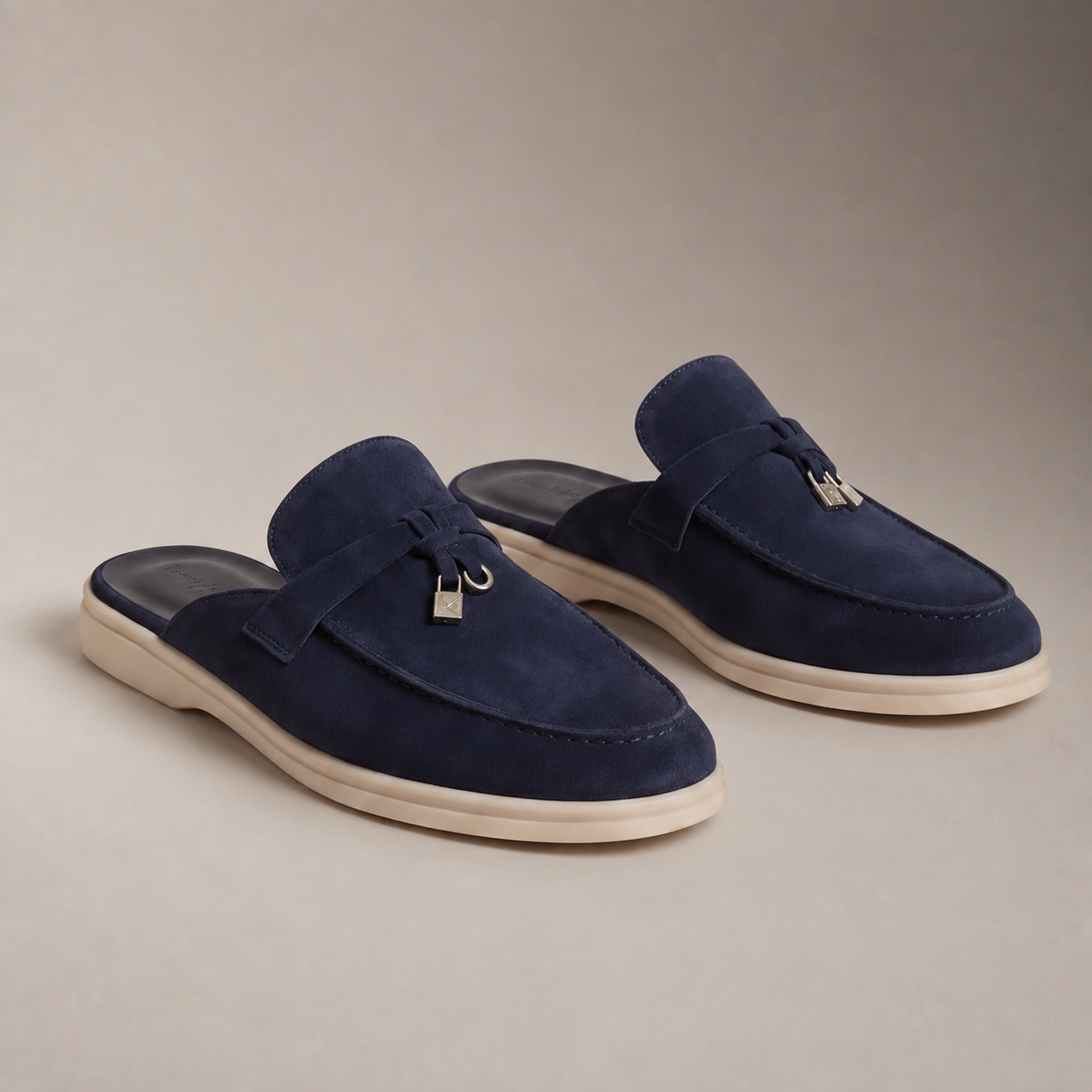 Men's Navy Suede Metal Buckle Loafer Mules