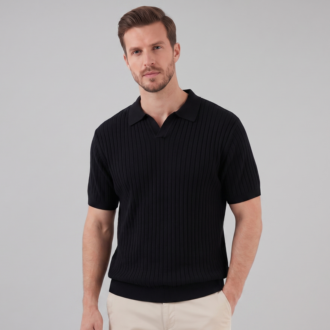 Men's Rib-Knit Polo Shirt with Short Sleeves