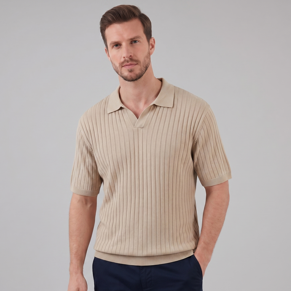 Men's Rib-Knit Polo Shirt with Short Sleeves