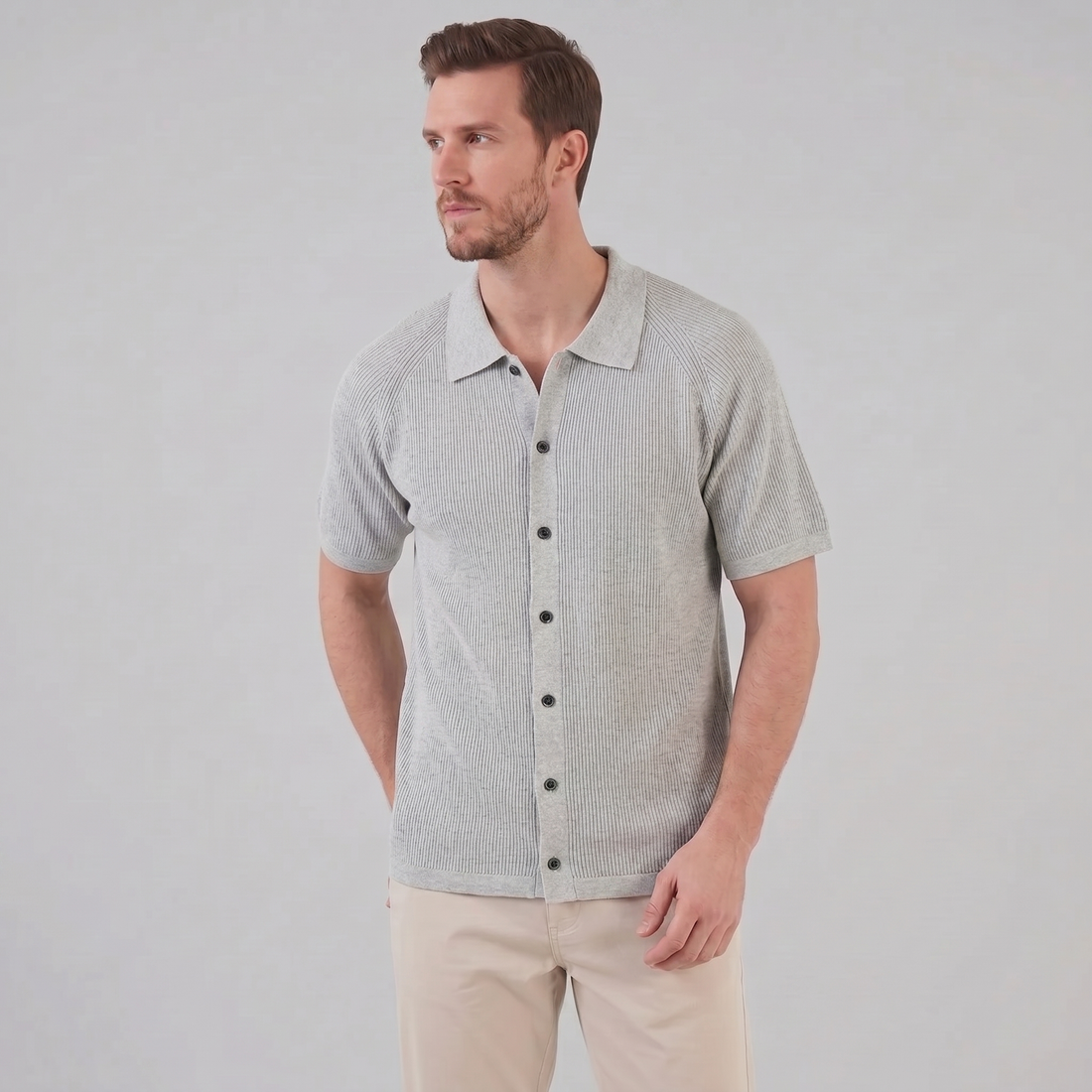 Men's Ribbed Knit Button-Through Polo