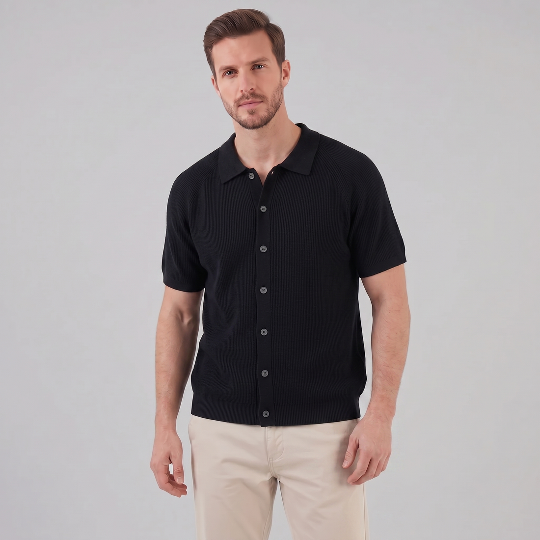 Men's Ribbed Knit Button-Through Polo